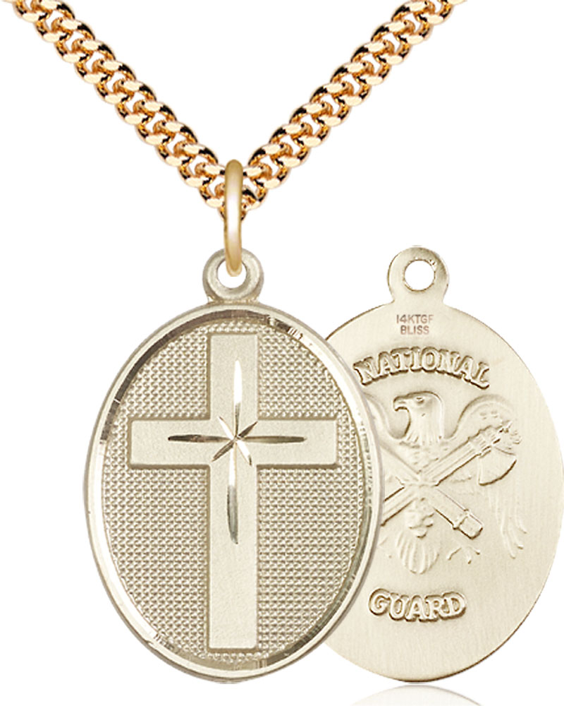 14kt Gold Filled Cross National Guard Pendant on a 24 inch Gold Plate Heavy Curb chain