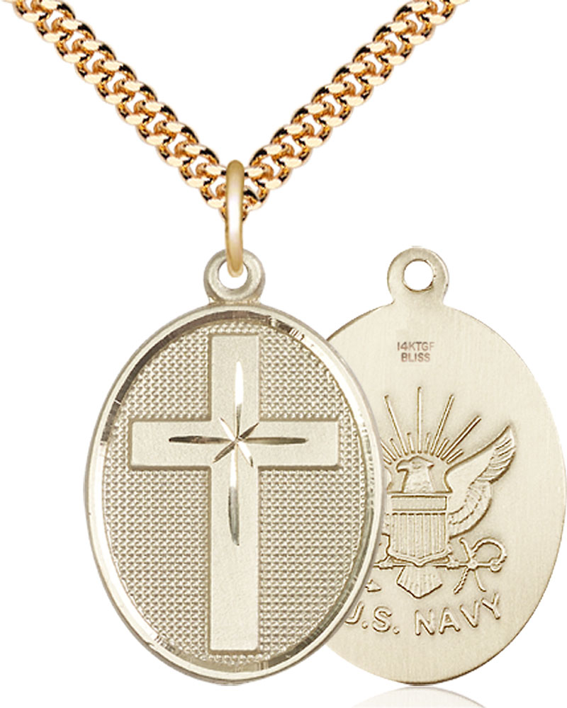 14kt Gold Filled Cross Navy Pendant on a 24 inch Gold Plate Heavy Curb chain