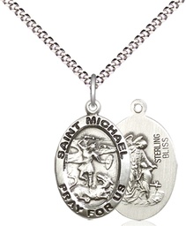 [3987SS/18S] Sterling Silver Saint Michael the Archangel Pendant on a 18 inch Light Rhodium Light Curb chain