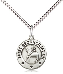 [4008SS/18S] Sterling Silver First Reconciliation / Penance Pendant on a 18 inch Light Rhodium Light Curb chain