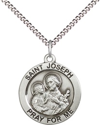 [4055SS/18S] Sterling Silver Saint Joseph Pendant on a 18 inch Light Rhodium Light Curb chain
