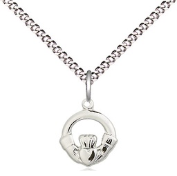 [4113SS/18S] Sterling Silver Claddagh Pendant on a 18 inch Light Rhodium Light Curb chain