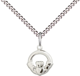 [4113SS/18S] Sterling Silver Claddagh Pendant on a 18 inch Light Rhodium Light Curb chain