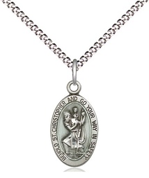[4122ECSS/18S] Sterling Silver Saint Christopher Pendant on a 18 inch Light Rhodium Light Curb chain