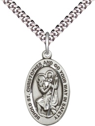 [4123CSS/24S] Sterling Silver Saint Christopher Pendant on a 24 inch Light Rhodium Heavy Curb chain