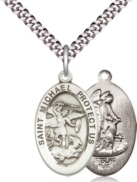 [4123RSS/24S] Sterling Silver Saint Michael the Archangel Pendant on a 24 inch Light Rhodium Heavy Curb chain