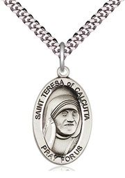 [4123TCSS/24S] Sterling Silver Saint Teresa of Calcutta Pendant on a 24 inch Light Rhodium Heavy Curb chain
