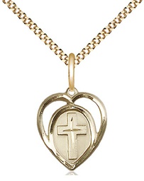 [4132GF/18G] 14kt Gold Filled Heart Cross Pendant on a 18 inch Gold Plate Light Curb chain