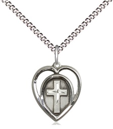 [4132SS/18S] Sterling Silver Heart Cross Pendant on a 18 inch Light Rhodium Light Curb chain