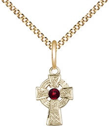[4133GF-STN1/18G] 14kt Gold Filled Celtic Cross Pendant with a 3mm Garnet Swarovski stone on a 18 inch Gold Plate Light Curb chain