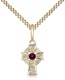 [4133GF-STN1/18G] 14kt Gold Filled Celtic Cross Pendant with a 3mm Garnet Swarovski stone on a 18 inch Gold Plate Light Curb chain
