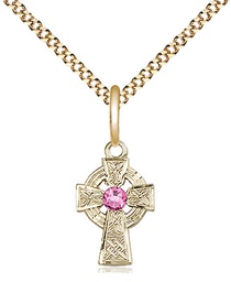 [4133GF-STN10/18G] 14kt Gold Filled Celtic Cross Pendant with a 3mm Rose Swarovski stone on a 18 inch Gold Plate Light Curb chain