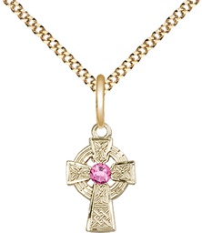 [4133GF-STN10/18G] 14kt Gold Filled Celtic Cross Pendant with a 3mm Rose Swarovski stone on a 18 inch Gold Plate Light Curb chain