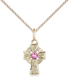 [4133GF-STN10/18GF] 14kt Gold Filled Celtic Cross Pendant with a 3mm Rose Swarovski stone on a 18 inch Gold Filled Light Curb chain