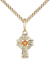 [4133GF-STN11/18G] 14kt Gold Filled Celtic Cross Pendant with a 3mm Topaz Swarovski stone on a 18 inch Gold Plate Light Curb chain