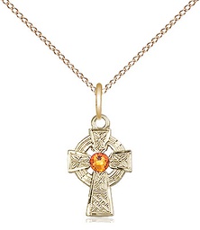 [4133GF-STN11/18GF] 14kt Gold Filled Celtic Cross Pendant with a 3mm Topaz Swarovski stone on a 18 inch Gold Filled Light Curb chain