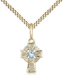 [4133GF-STN3/18G] 14kt Gold Filled Celtic Cross Pendant with a 3mm Aqua Swarovski stone on a 18 inch Gold Plate Light Curb chain