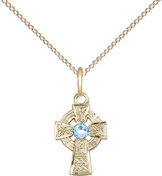 [4133GF-STN3/18GF] 14kt Gold Filled Celtic Cross Pendant with a 3mm Aqua Swarovski stone on a 18 inch Gold Filled Light Curb chain