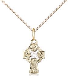 [4133GF-STN4/18GF] 14kt Gold Filled Celtic Cross Pendant with a 3mm Crystal Swarovski stone on a 18 inch Gold Filled Light Curb chain