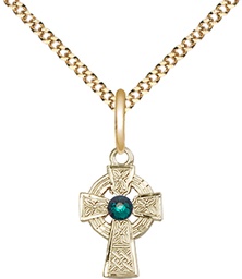 [4133GF-STN5/18G] 14kt Gold Filled Celtic Cross Pendant with a 3mm Emerald Swarovski stone on a 18 inch Gold Plate Light Curb chain