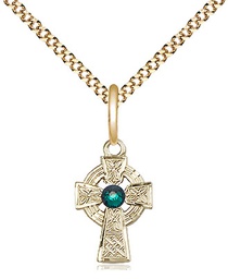 [4133GF-STN5/18G] 14kt Gold Filled Celtic Cross Pendant with a 3mm Emerald Swarovski stone on a 18 inch Gold Plate Light Curb chain