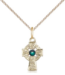 [4133GF-STN5/18GF] 14kt Gold Filled Celtic Cross Pendant with a 3mm Emerald Swarovski stone on a 18 inch Gold Filled Light Curb chain