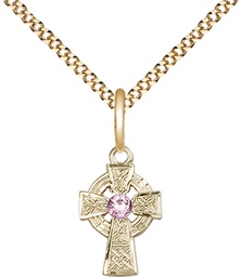 [4133GF-STN6/18G] 14kt Gold Filled Celtic Cross Pendant with a 3mm Light Amethyst Swarovski stone on a 18 inch Gold Plate Light Curb chain