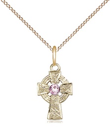 [4133GF-STN6/18GF] 14kt Gold Filled Celtic Cross Pendant with a 3mm Light Amethyst Swarovski stone on a 18 inch Gold Filled Light Curb chain