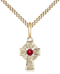 [4133GF-STN7/18G] 14kt Gold Filled Celtic Cross Pendant with a 3mm Ruby Swarovski stone on a 18 inch Gold Plate Light Curb chain