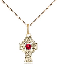 [4133GF-STN7/18GF] 14kt Gold Filled Celtic Cross Pendant with a 3mm Ruby Swarovski stone on a 18 inch Gold Filled Light Curb chain