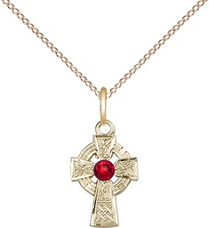 [4133GF-STN7/18GF] 14kt Gold Filled Celtic Cross Pendant with a 3mm Ruby Swarovski stone on a 18 inch Gold Filled Light Curb chain