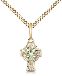 [4133GF-STN8/18G] 14kt Gold Filled Celtic Cross Pendant with a 3mm Peridot Swarovski stone on a 18 inch Gold Plate Light Curb chain