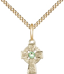 [4133GF-STN8/18G] 14kt Gold Filled Celtic Cross Pendant with a 3mm Peridot Swarovski stone on a 18 inch Gold Plate Light Curb chain
