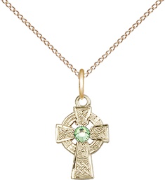 [4133GF-STN8/18GF] 14kt Gold Filled Celtic Cross Pendant with a 3mm Peridot Swarovski stone on a 18 inch Gold Filled Light Curb chain