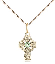 [4133GF-STN8/18GF] 14kt Gold Filled Celtic Cross Pendant with a 3mm Peridot Swarovski stone on a 18 inch Gold Filled Light Curb chain