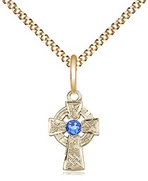 [4133GF-STN9/18G] 14kt Gold Filled Celtic Cross Pendant with a 3mm Sapphire Swarovski stone on a 18 inch Gold Plate Light Curb chain