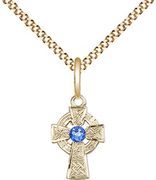 [4133GF-STN9/18G] 14kt Gold Filled Celtic Cross Pendant with a 3mm Sapphire Swarovski stone on a 18 inch Gold Plate Light Curb chain