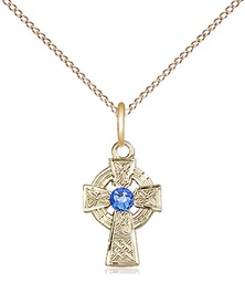 [4133GF-STN9/18GF] 14kt Gold Filled Celtic Cross Pendant with a 3mm Sapphire Swarovski stone on a 18 inch Gold Filled Light Curb chain