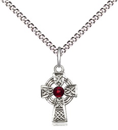 [4133SS-STN1/18S] Sterling Silver Celtic Cross Pendant with a 3mm Garnet Swarovski stone on a 18 inch Light Rhodium Light Curb chain