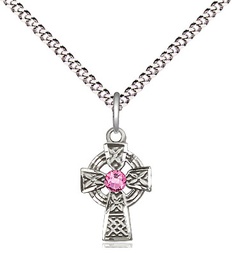 [4133SS-STN10/18S] Sterling Silver Celtic Cross Pendant with a 3mm Rose Swarovski stone on a 18 inch Light Rhodium Light Curb chain