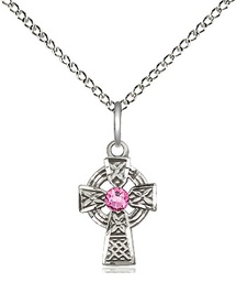 [4133SS-STN10/18SS] Sterling Silver Celtic Cross Pendant with a 3mm Rose Swarovski stone on a 18 inch Sterling Silver Light Curb chain