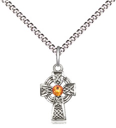 [4133SS-STN11/18S] Sterling Silver Celtic Cross Pendant with a 3mm Topaz Swarovski stone on a 18 inch Light Rhodium Light Curb chain