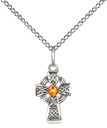 [4133SS-STN11/18SS] Sterling Silver Celtic Cross Pendant with a 3mm Topaz Swarovski stone on a 18 inch Sterling Silver Light Curb chain