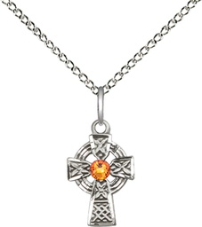 [4133SS-STN11/18SS] Sterling Silver Celtic Cross Pendant with a 3mm Topaz Swarovski stone on a 18 inch Sterling Silver Light Curb chain