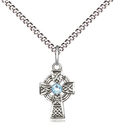 [4133SS-STN3/18S] Sterling Silver Celtic Cross Pendant with a 3mm Aqua Swarovski stone on a 18 inch Light Rhodium Light Curb chain