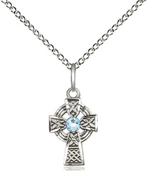 [4133SS-STN3/18SS] Sterling Silver Celtic Cross Pendant with a 3mm Aqua Swarovski stone on a 18 inch Sterling Silver Light Curb chain