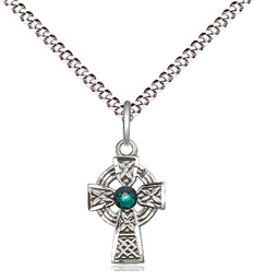 [4133SS-STN5/18S] Sterling Silver Celtic Cross Pendant with a 3mm Emerald Swarovski stone on a 18 inch Light Rhodium Light Curb chain