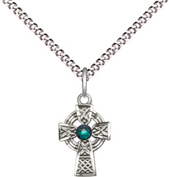 [4133SS-STN5/18S] Sterling Silver Celtic Cross Pendant with a 3mm Emerald Swarovski stone on a 18 inch Light Rhodium Light Curb chain