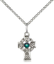 [4133SS-STN5/18SS] Sterling Silver Celtic Cross Pendant with a 3mm Emerald Swarovski stone on a 18 inch Sterling Silver Light Curb chain