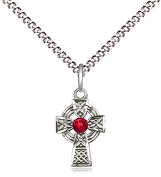 [4133SS-STN7/18S] Sterling Silver Celtic Cross Pendant with a 3mm Ruby Swarovski stone on a 18 inch Light Rhodium Light Curb chain